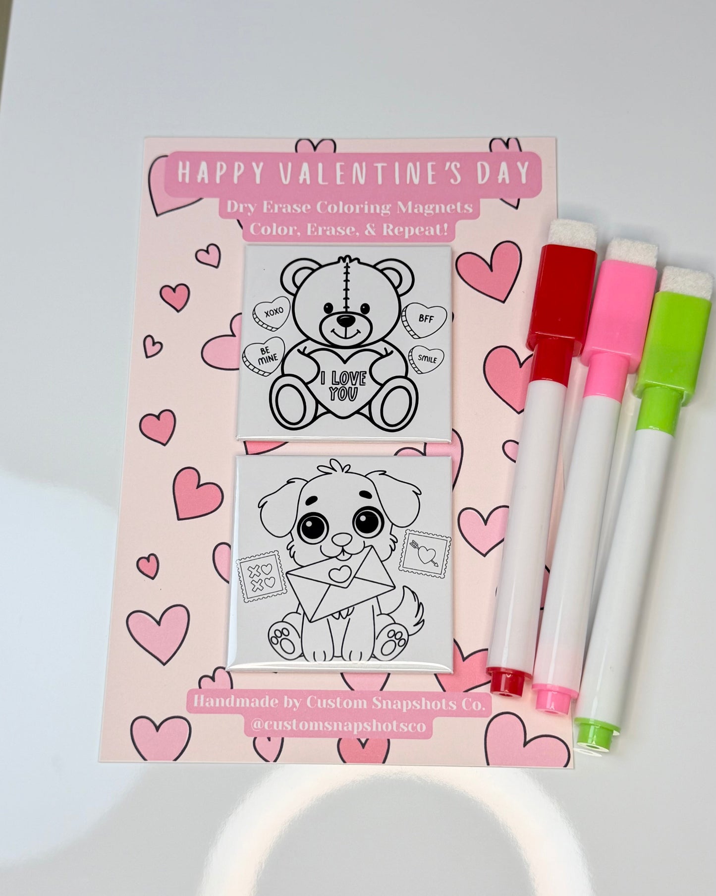 Valentine's Dry Erase Coloring 2”x2” Magnet Set